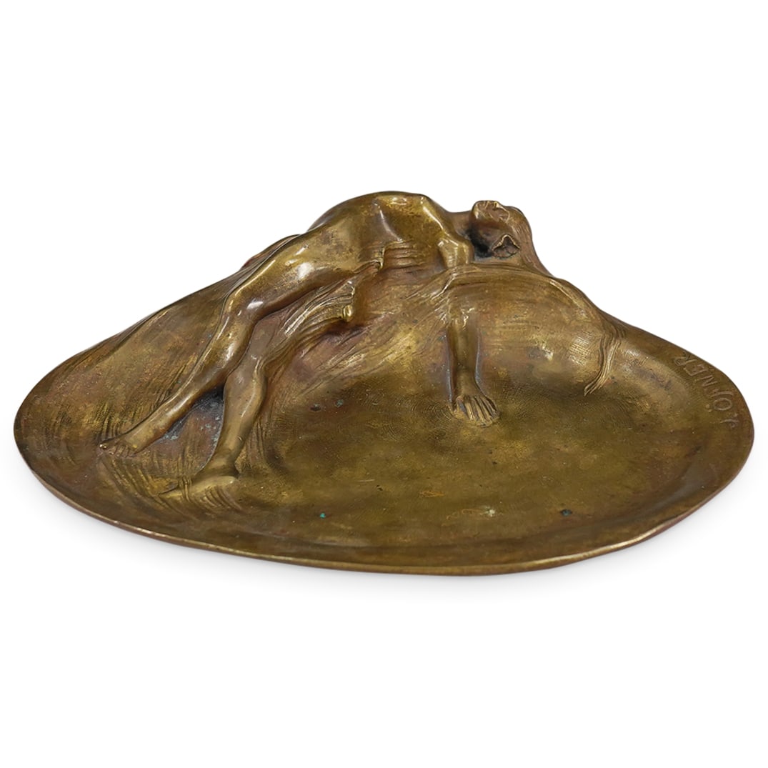 Art Nouveau Gilt Bronze Lady Tray: DESCRIPTION: Art nouveau gilt bronze tray, depicting a nude woman, with long flowing hair, reclining with one arm outstretched. Signed on the side "J. Ofner" CIRCA: 19th Century ORIGIN: Austria DIMENS