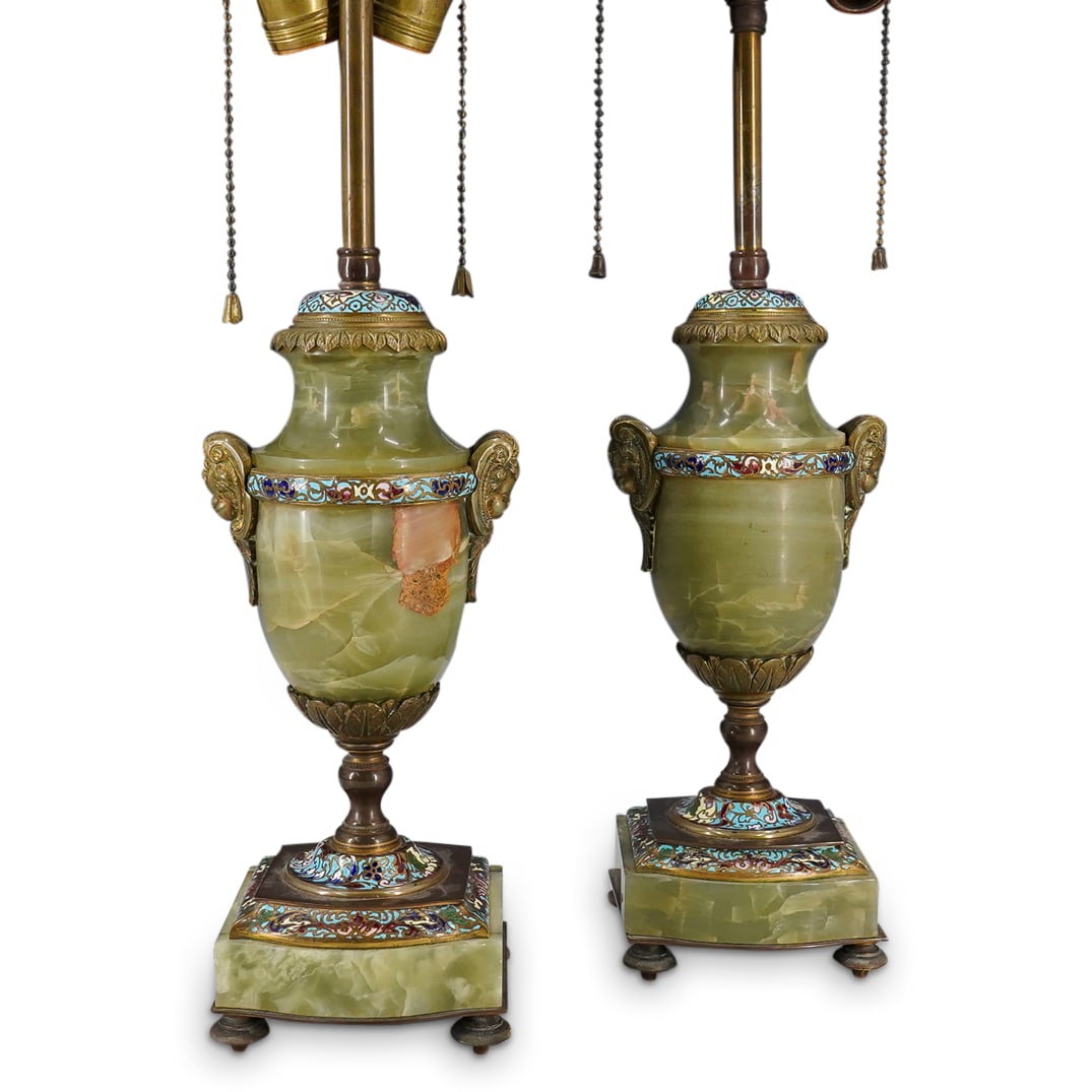 (2 Pc) Antique French Champleve Onyx Lamps (1 of 11)