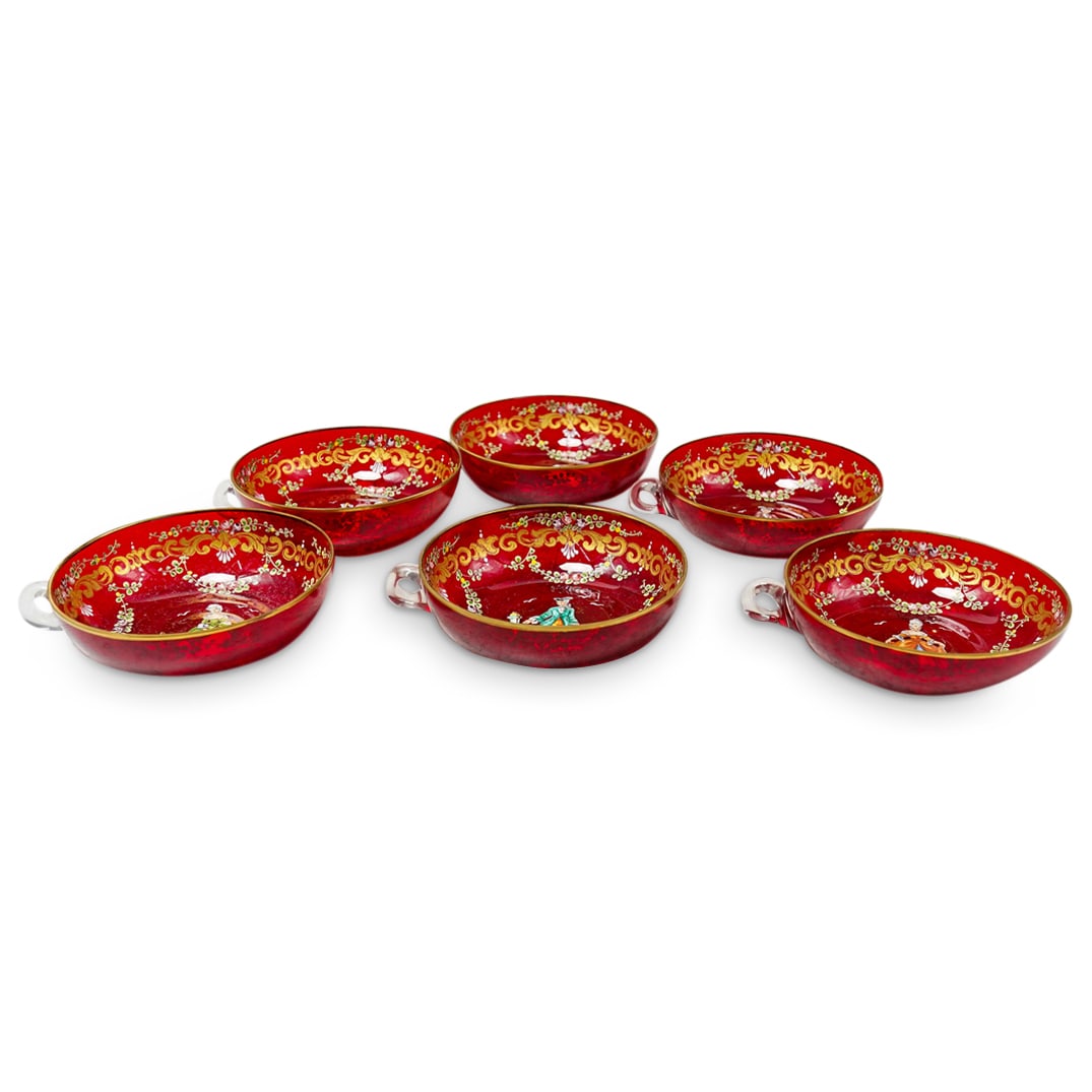 (6 Pc) Moser Enameled Ruby Glass Nappies (1 of 8)