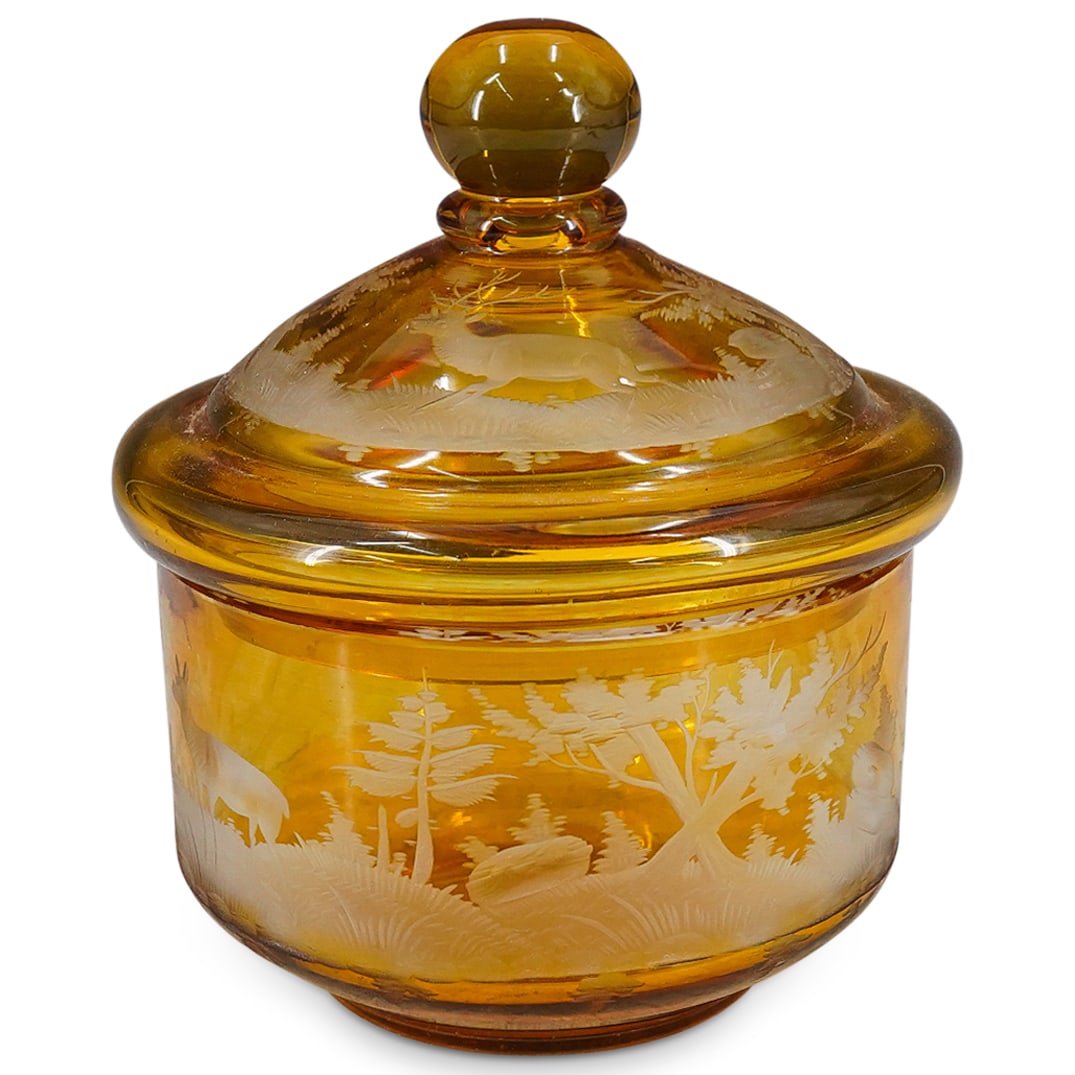 Antique Bohemian Etched Glass Wildlife Scene Lidded Bowl (1 of 6)