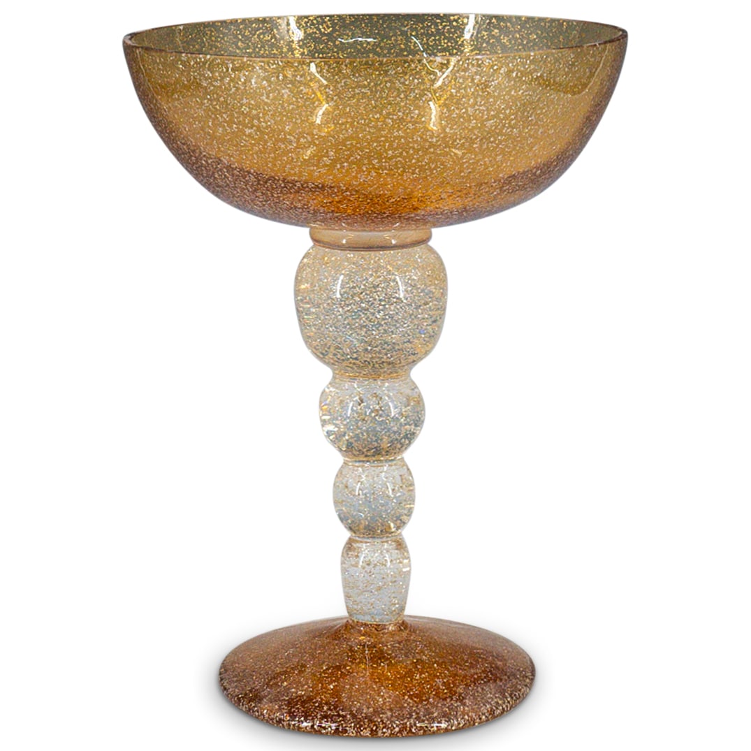 Vintage Murano Aventurine Large Footed Tazza Bowl: DESCRIPTION: Vintage Murano Aventurine Large Footed Tazza Bowl. Features clear and amber hued glass, embellished with interior gilded aventurine flakes. CIRCA: 20th Century ORIGIN: Italy DIMENSIONS: H