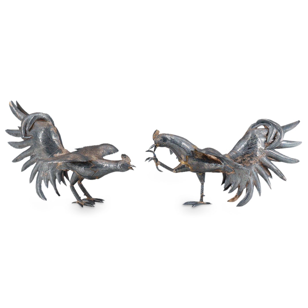 (2 Pc) Sterling Silver Fighting Pheasant Figurines (1 of 6)