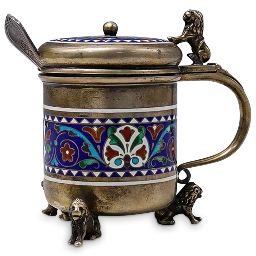 Antique Faberge Sterling Silver & Cloisonne Mustard Pot (1 of 7)