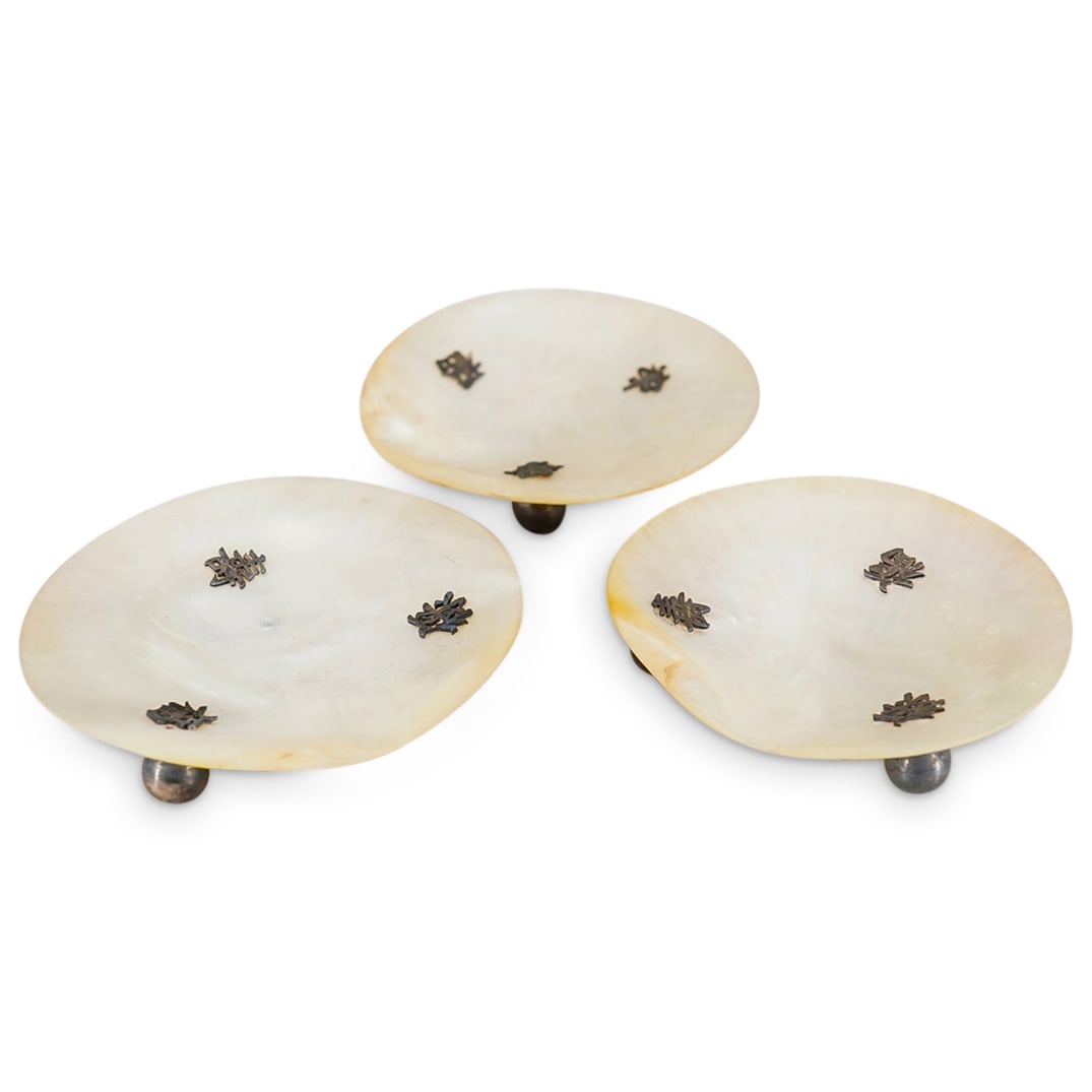 (3 Pc) Chinese Mother Of Pearl & Silver Small Dishes Set (1 of 9)