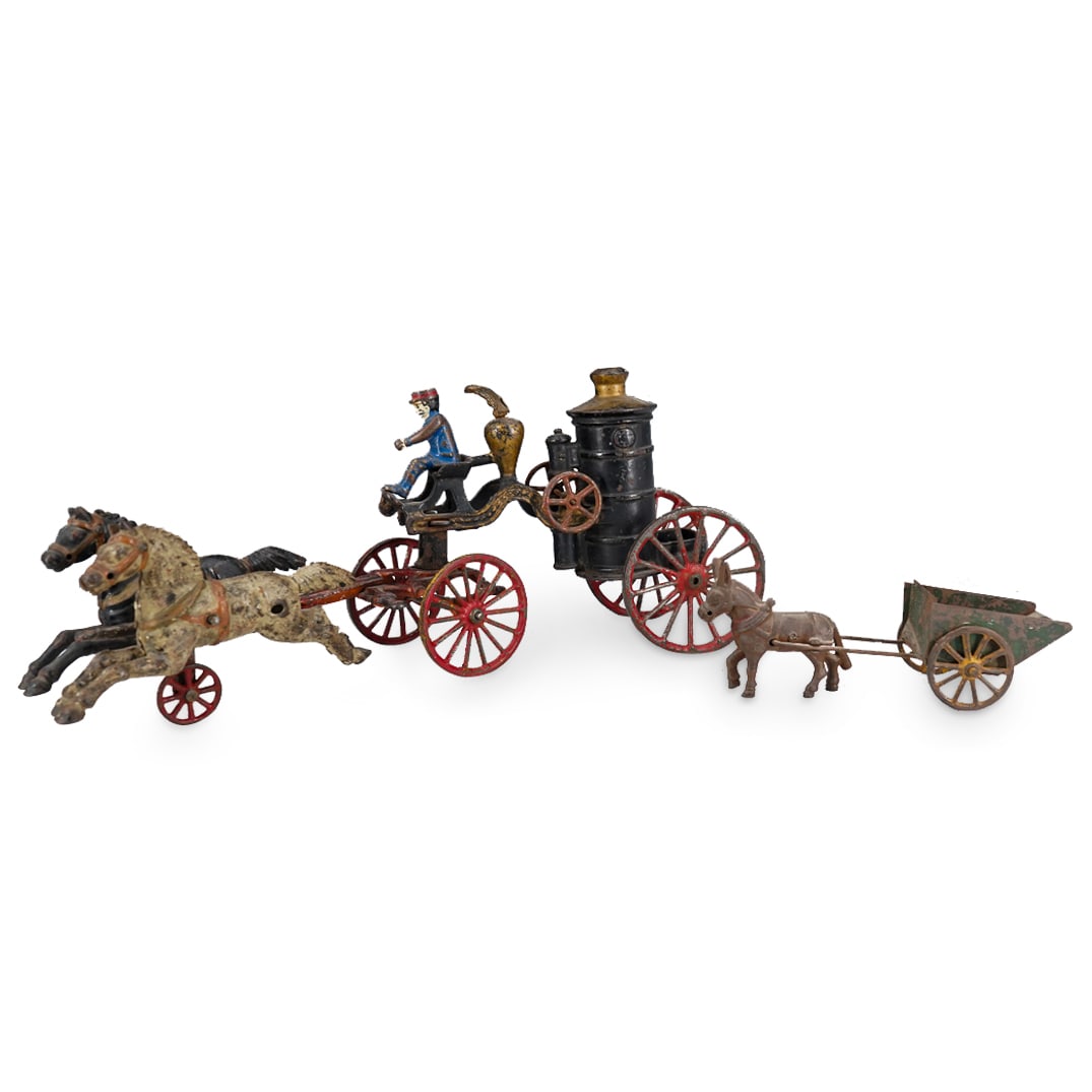 (3 Pc) Antique Cast Iron Fire Pump Wagon, 2 Horses, & Burro (1 of 12)