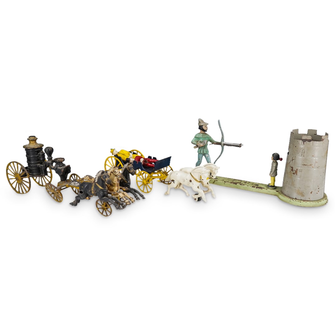 (3 Pc) Antique Cast Iron Fire Pump Wagon, Carriage, & Bank (1 of 16)