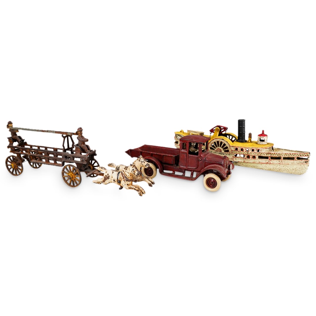 (3 Pc) Antique Cast Iron Dump Truck, Fire Wagon, & Boat (1 of 16)