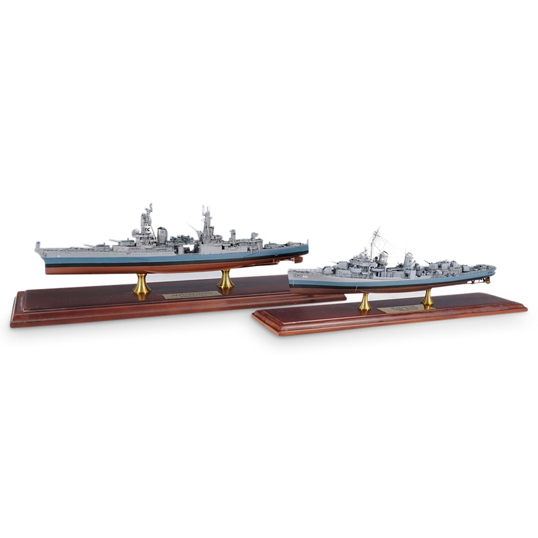 (2 Pc) Danbury Mint Scale Modern American Ship Models: DESCRIPTION: Two Danbury Mint ship models in full color: one depicting the CA-35 Heavy Cruiser U.S.S. Indianapolis, one depicting the DD-661 Destroyer U.S.S. Kidd. Each piece is mounted in a wood and