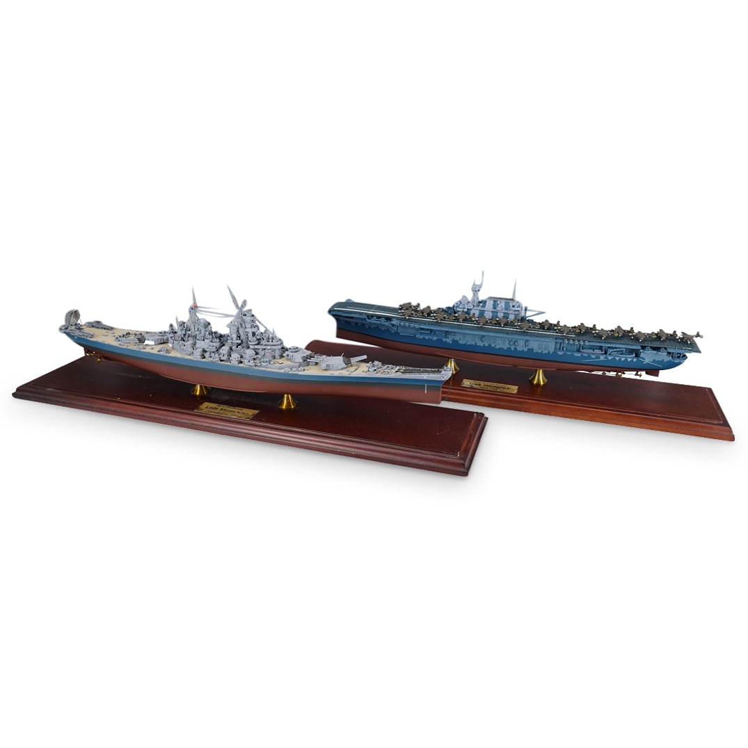 (2 Pc) Danbury Mint Scale Modern American Ship Models: DESCRIPTION: Two Danbury Mint ship models in full color: one depicting the CV-8 Aircraft Carrier U.S.S. Hornet, one depicting the BB-39 Battleship U.S.S. Missouri. Each piece is mounted in a wood and