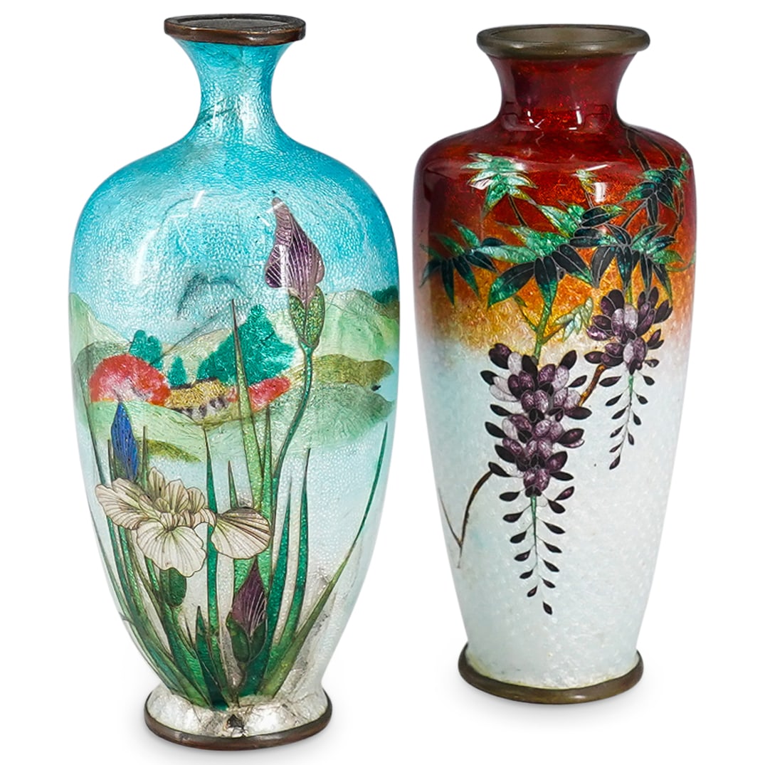 (2 Pc) Antique Japanese Cloisonne Ginbari Vases (1 of 10)