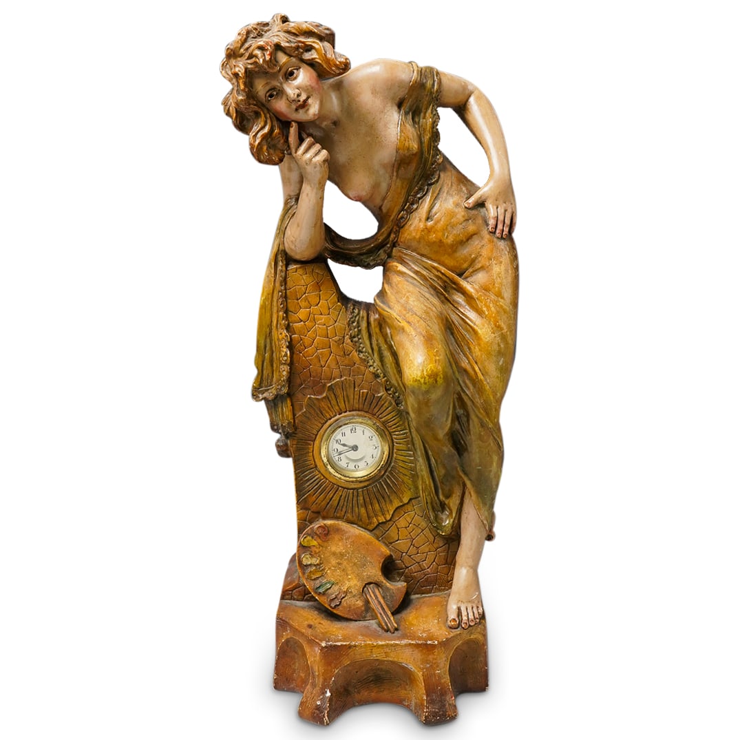 Art Nouveau Painted Ceramic Figural Clock (1 of 9)