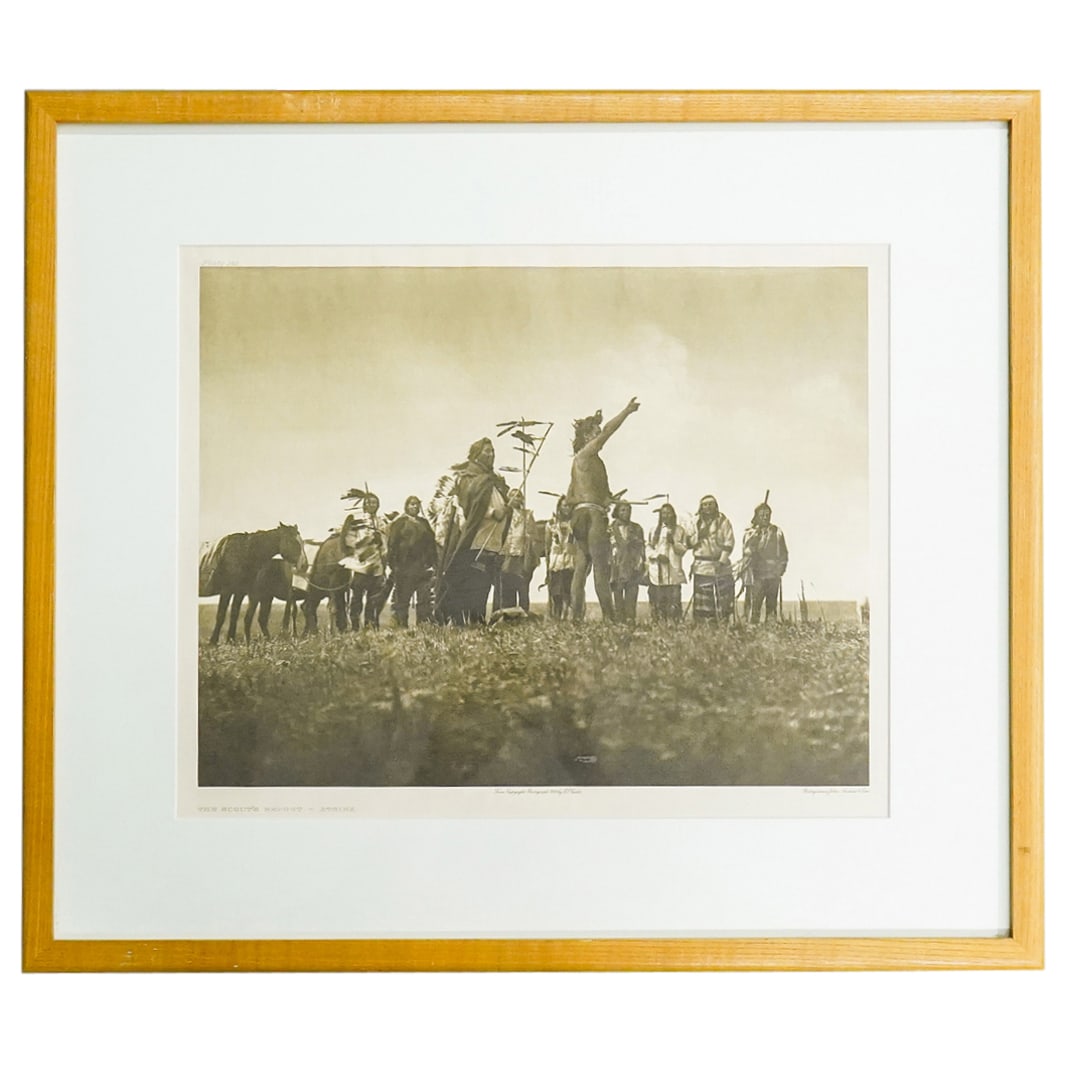 Edward S. Curtis (1868-1952) "The Scout's Report - Atsina" Photogravure: DESCRIPTION: Edward S. Curtis (1868-1952) "The Scout's Report - Atsina" photogravure, plate 182, depicting a group of American Indians. Printed by John Andrew & Son. CIRCA: 1909 ORIGIN: American DIMEN