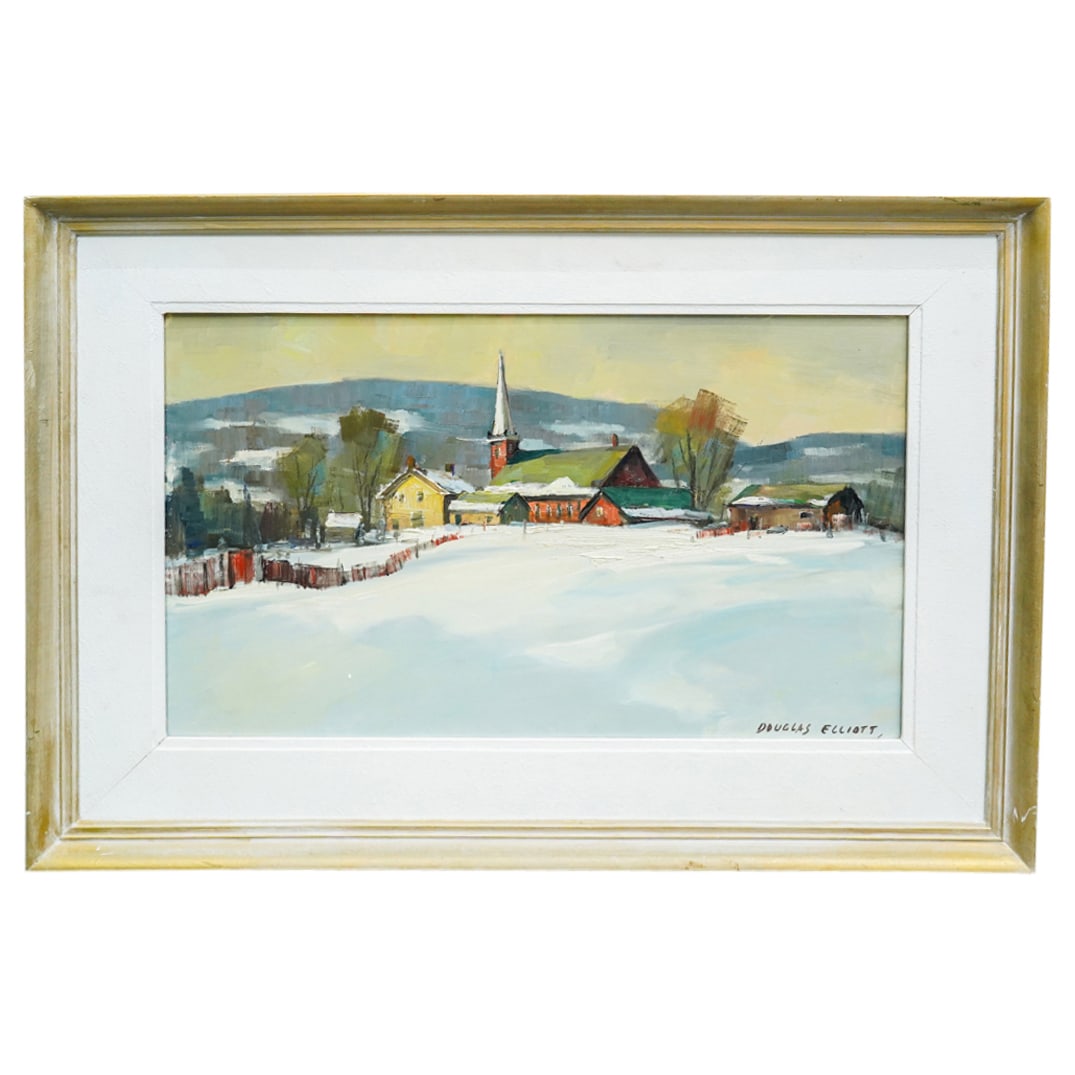 Douglas Ferguson Elliott (Canadian, 1916-2012) "Near Inglewood, Ont" Oil On Masonite Painting: DESCRIPTION: Oil on masonite painting by Douglas Ferguson Elliott (Canadian, 1916-2012) entitled "Near Inglewood, Ont" depicting a winter landscape. Signed at lower right. Label adhered at reverse. CI