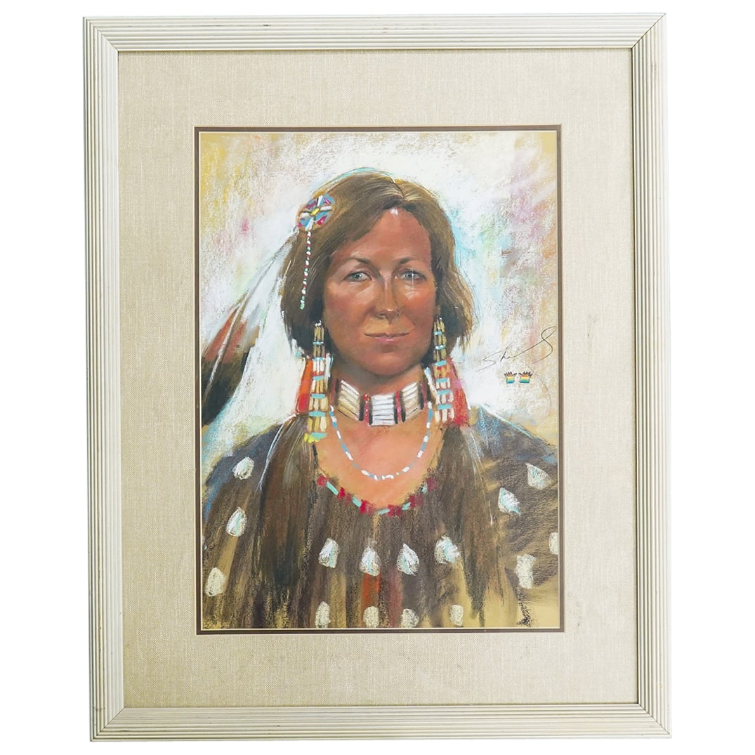 Budd Sherrick (American) Pastel On Paper Portrait Painting: DESCRIPTION: Pastel on paper portrait painting by Budd Sherrick depicting an American Indian woman. Signed at right. CIRCA: - ORIGIN: American DIMENSIONS: (Sight) H: 21" W: 15" (Frame) H: 30.75" W: 24