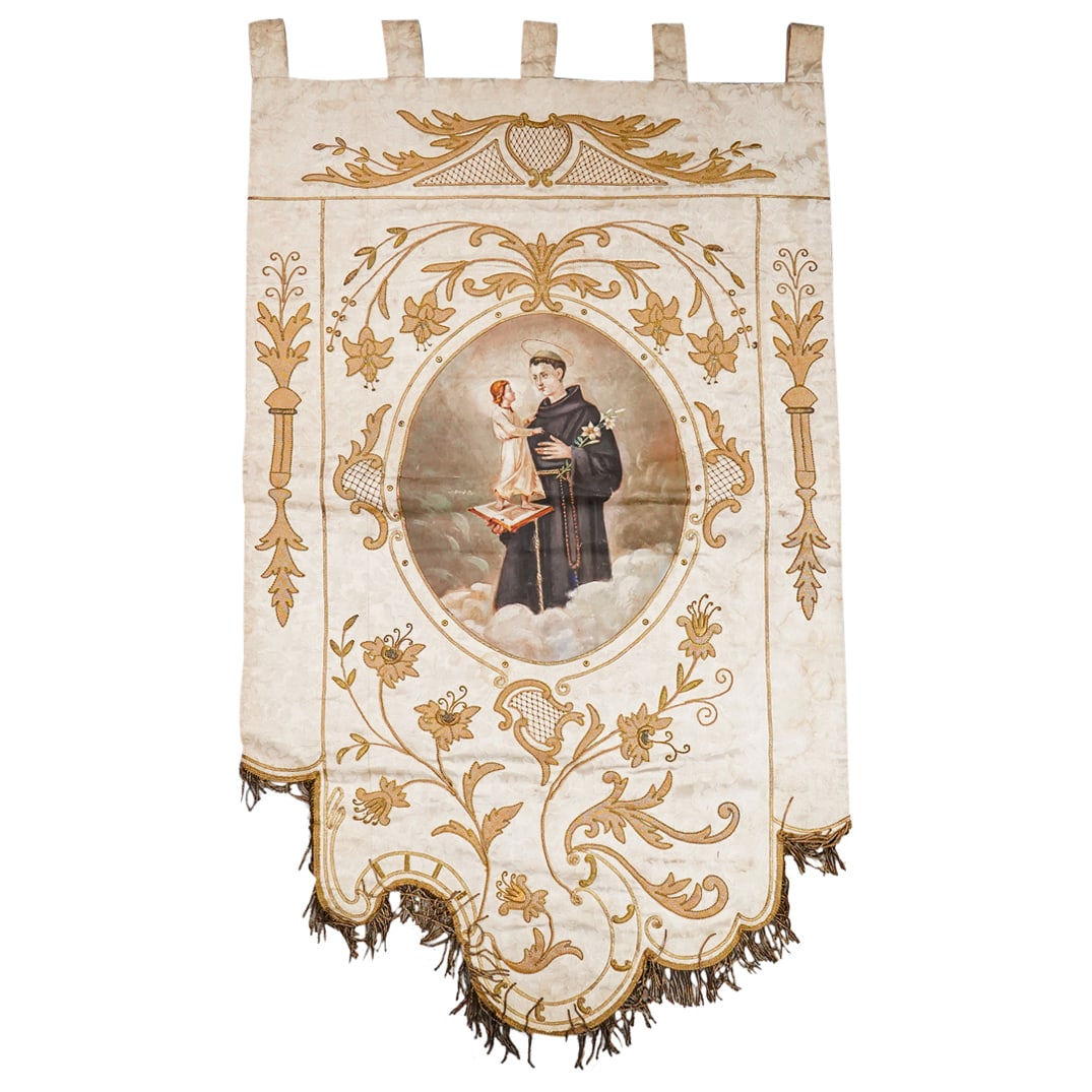 Antique Italian Saint Anthony Oil On Paper On Tapestry (1 of 7)