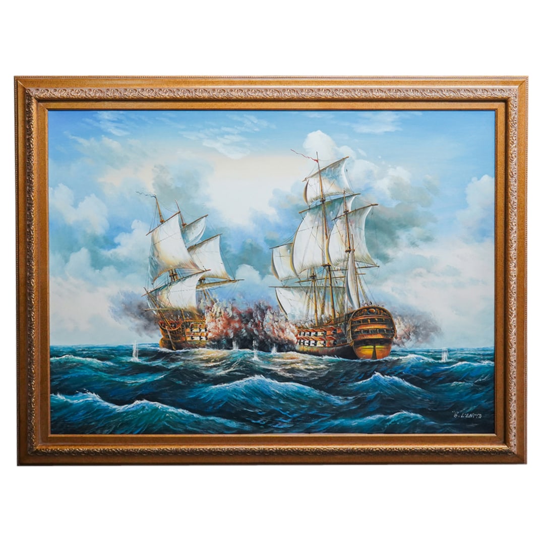 Large Nautical Warship Battle Oil On Canvas (1 of 7)