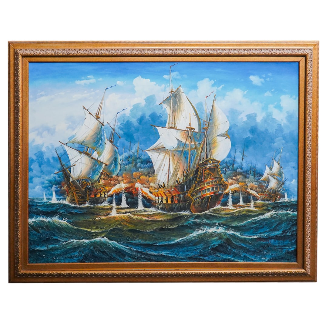 Large Nautical Warship Battle Oil On Canvas (1 of 7)