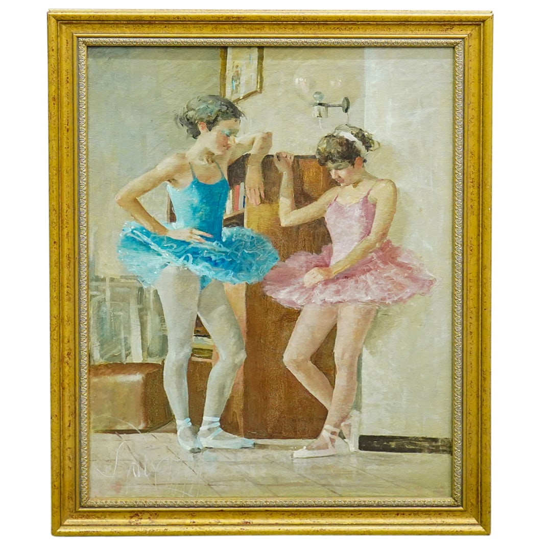 Signed Impressionist Oil On Canvas Ballerina Painting: DESCRIPTION: Impressionist oil on canvas painting depicting two ballerinas. Signed at lower left. Signed again and dated at reverse. CIRCA: 1989 ORIGIN: Italian DIMENSIONS: (Sight) H: 26.25" W: 19" (F