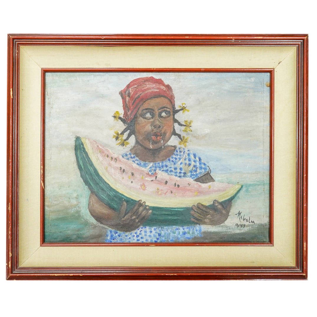 Signed Oil On Canvas Black Americana Painting: DESCRIPTION: Oil on canvas Black Americana painting depicting a girl eating watermelon. Signed "Malcolm" and dated at lower right. Label at reverse. CIRCA: 1949 ORIGIN: American DIMENSIONS: (Sight) H: