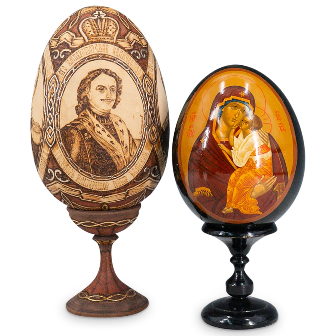 (2 Pc) Russian Carved Wood Czar And Madonna & Child Eggs On Stands (1 of 11)