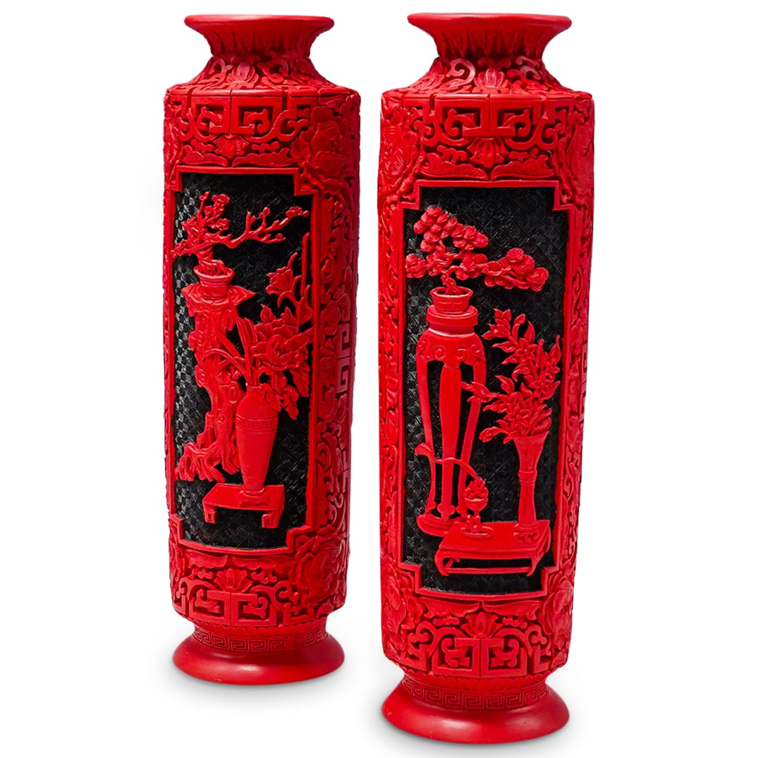 Pair Of Chinese Cinnabar Sleeve Vases (1 of 8)