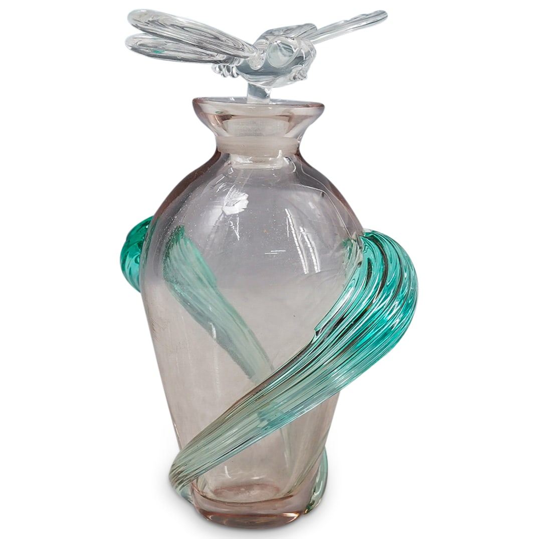 Murano Art Glass 'Dragonfly' Perfume Bottle: DESCRIPTION: Murano art glass perfume bottle, in translucent rose pink glass, with 'morris's' details on translucent green glass. Finished with a clear glass 'Dragonfly' stopper. CIRCA: 20th Century O