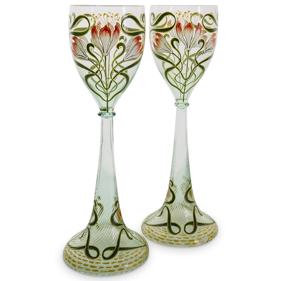 (2 Pc) Pair Of Enameled Glass Hock Glasses (1 of 7)