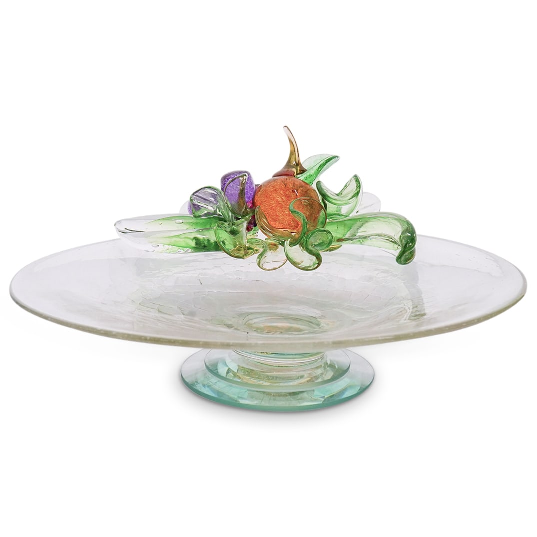 Vintage Blown Glass Fruit Bowl: DESCRIPTION: Vintage clear glass bowl featuring blown glass fruit on the side, consisting of a cherry and purple grapes. CIRCA: 20th Century ORIGIN: Czech DIMENSIONS: H: 5" D: 10" CONDITION: Good cond