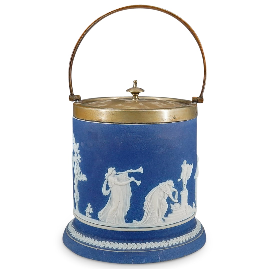 Antique Adams Blue Jasperware Porcelain Biscuit Barrel (1 of 10)