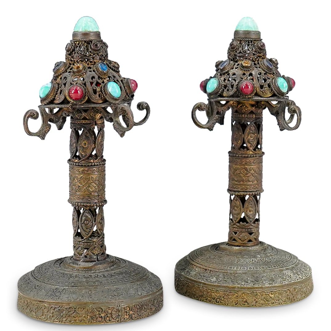 Pair Of Antique Czech Enameled And Gem Studded Jewelry Stands: DESCRIPTION: Two matching vanity jewelry stands, each featuring a wide, foliage etched base supporting an open-work column crowned by a finial sporting four hooks accented by enamel and gemstone inset