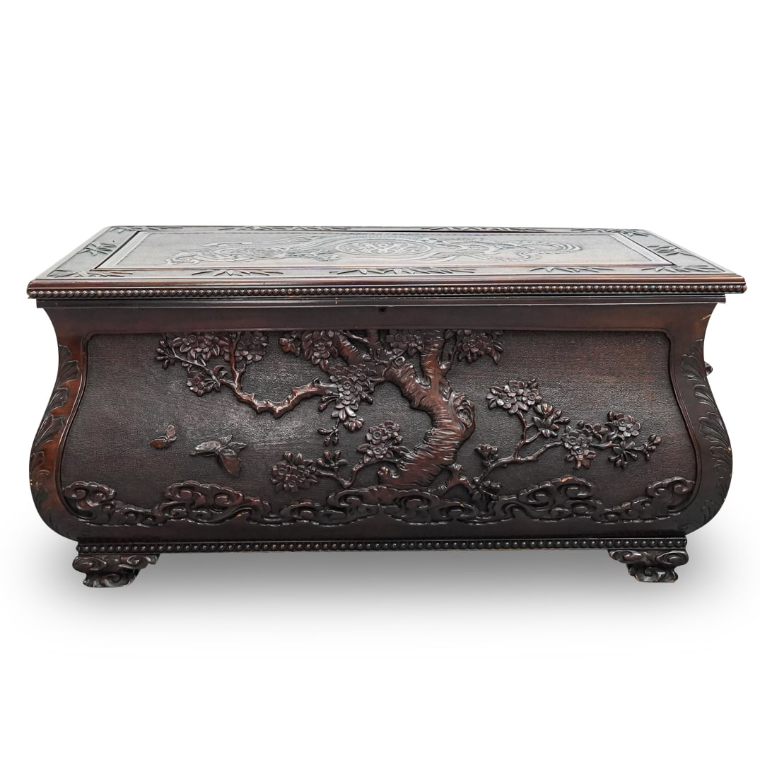 Antique Japanese Export Carved Wood And Leather Chest (1 of 11)