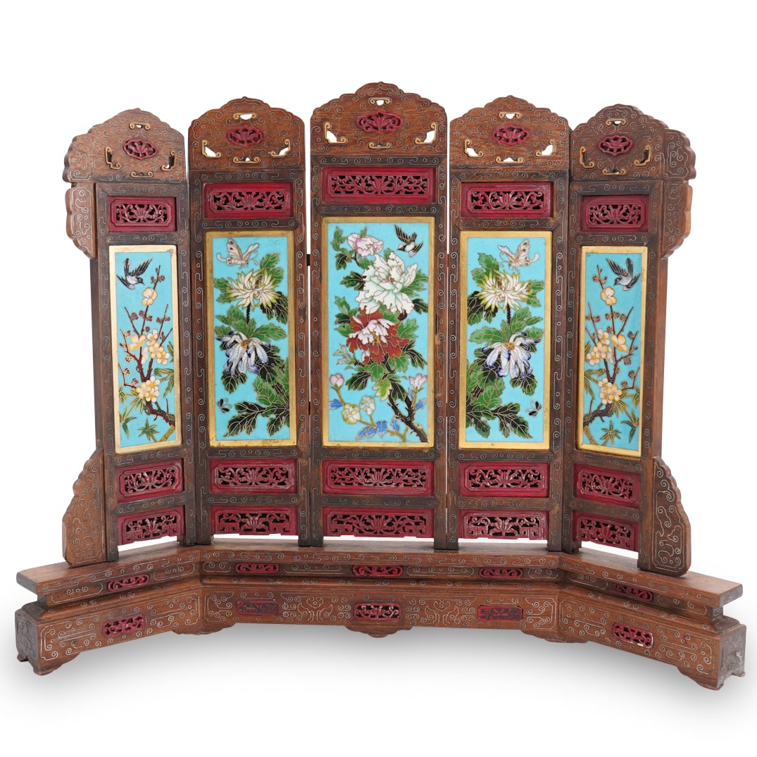 Antique Chinese Cloisonne, Cinnabar, And Carved Wood Table Screen (1 of 5)