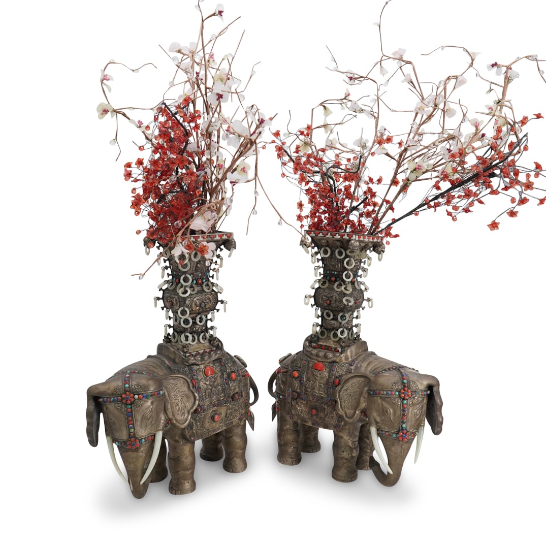 Pair Of Sino Mongolian Silver Toned Mixed Metal Jade Inset Urns (1 of 8)