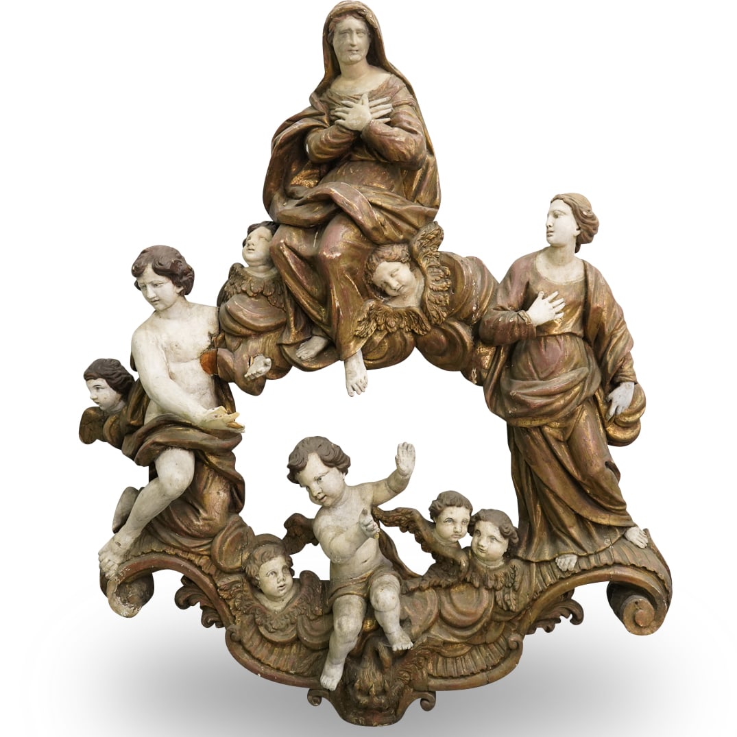 Antique Italian Gesso And Carved Wood Mary And Puttos Wall Plaque: DESCRIPTION: Antique polychrome gesso and carved wood wall decor crafted as a ring of figures including several puttos along the side and bottom, Mary at the top, a male figure to her right, and femal