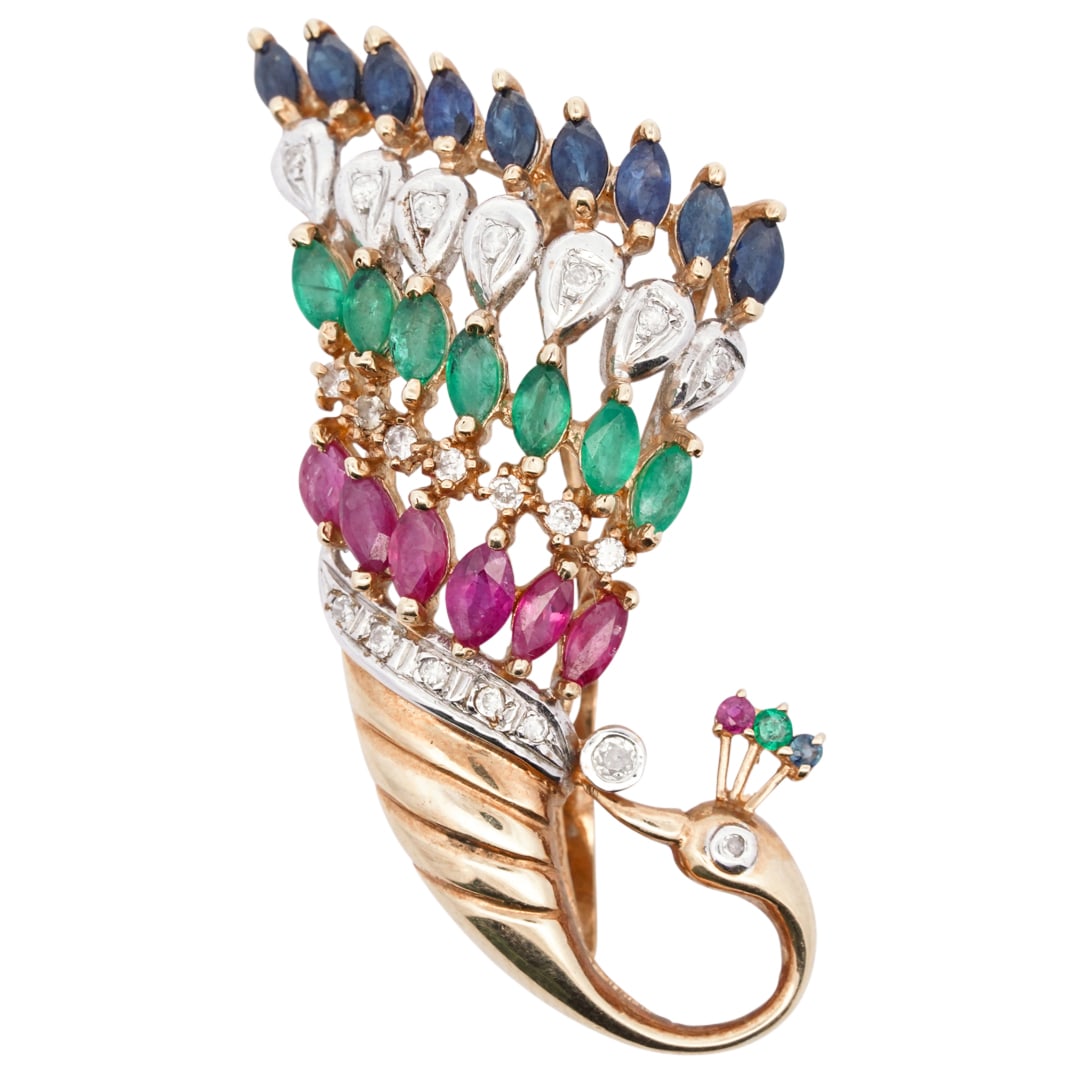 14k Gold, Diamond, Ruby, Sapphire, and Emerald Peacock Pendant Brooch (1 of 2)