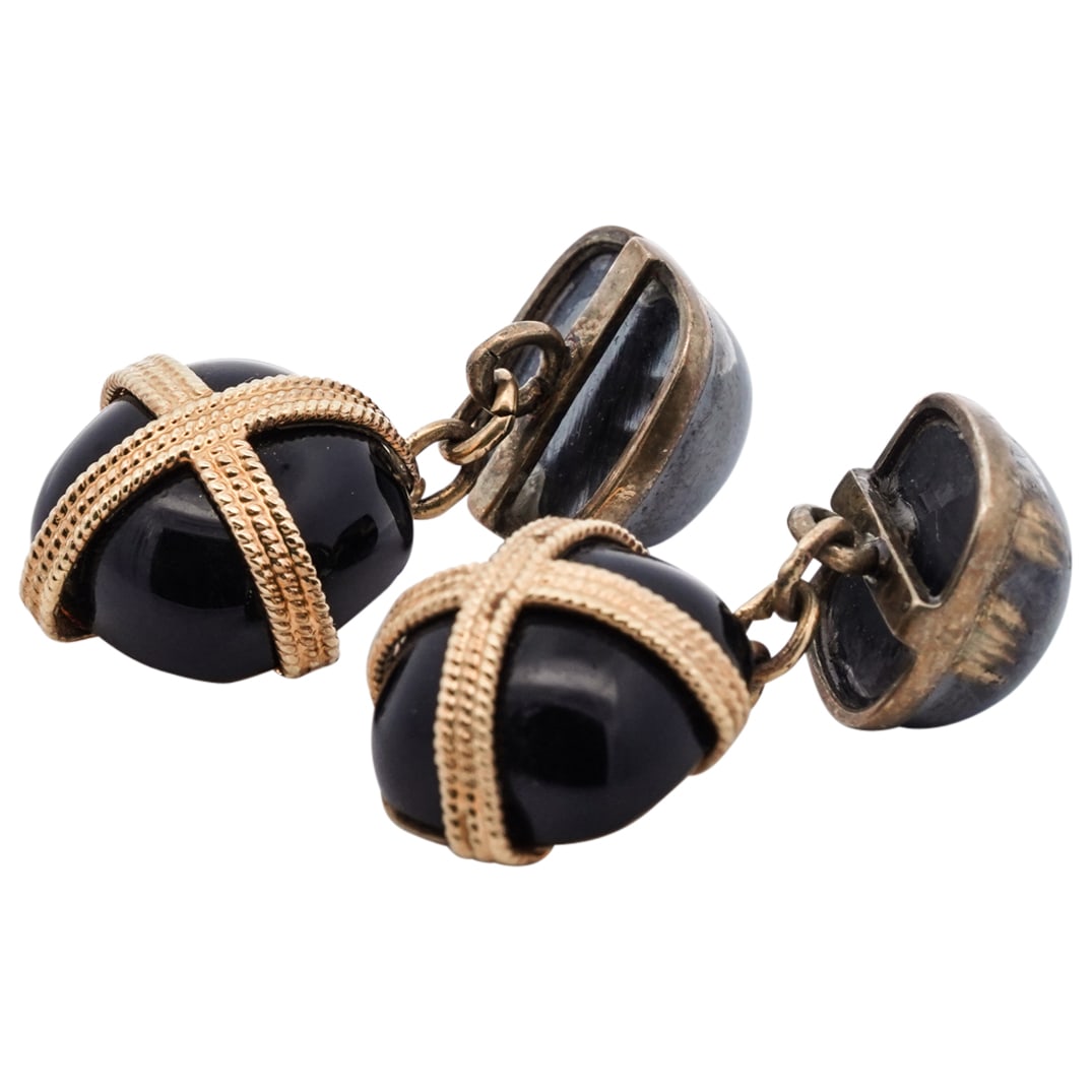 (2 Pc) Vintage 14k Gold, Onyx, and Marcasite Cufflinks (1 of 5)
