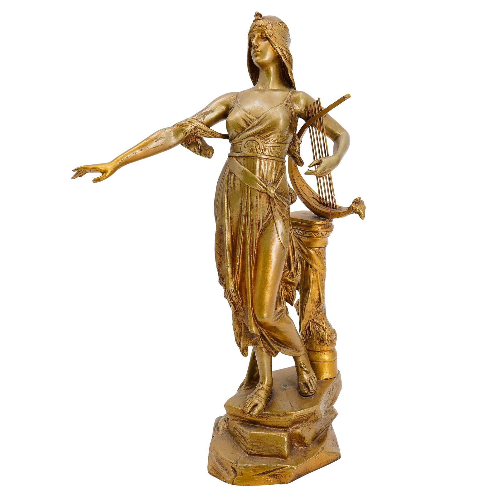 Antique Edouard Drouot (French, 1859) "L'Art Lyrique" Bronze: DESCRIPTION: Antique Edouard Drouot (French, 1859 - 1945) bronze sculpture with overall gilt patina finish, titled "L'Art Lyrique", depicting a standing figure of a classically dressed woman, standing