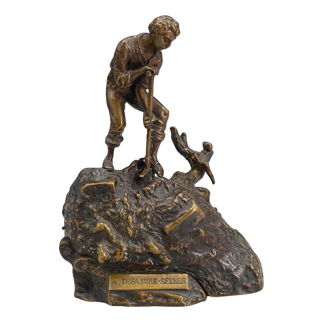 Antique Austrian "Treasure Seeker" Hidden Erotic Bronze: DESCRIPTION: Early 20th century Austrian hidden erotic bronze, depicting a young man digging in search of treasure. Titled "Treasure Seeker". The top of the bronze lifts to reveal the treasure; a recl