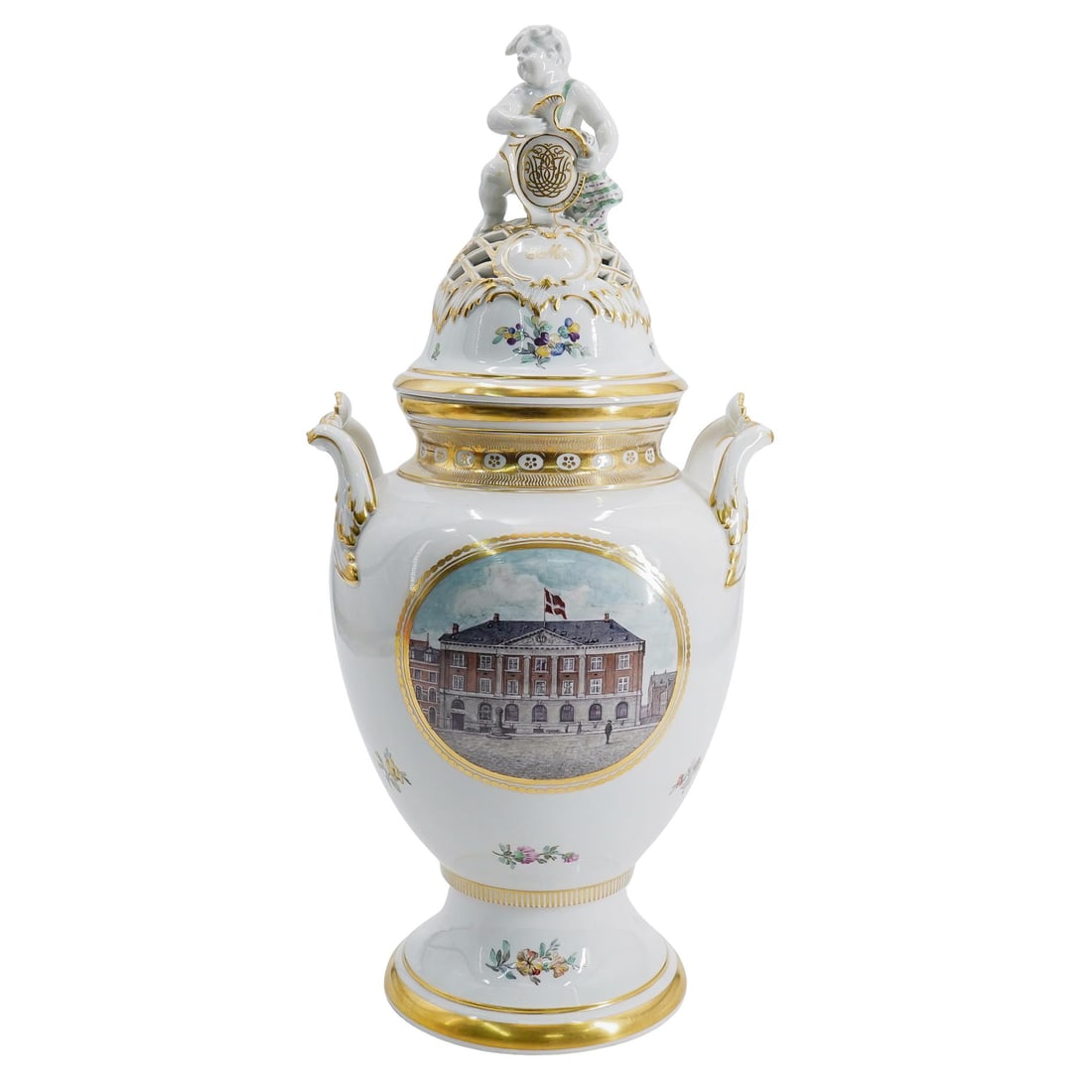 Royal Copenhagen Porcelain Potpourri Urn: DESCRIPTION: Royal Copenhagen porcelain potpourri urn decorated with polychrome floral and foliage motifs and gilding, the body ornamented with two handles and a central scene of a building flying the