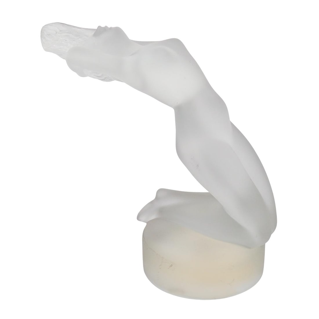 Lalique Chrysis Glass Figure: DESCRIPTION: Lalique Chrysis Glass Figure, depicting a kneeling nude figure of a woman with flowing hair on a circular base, signed 'Lalique, France' on verso CIRCA: 20th Century ORIGIN: France DIMENS