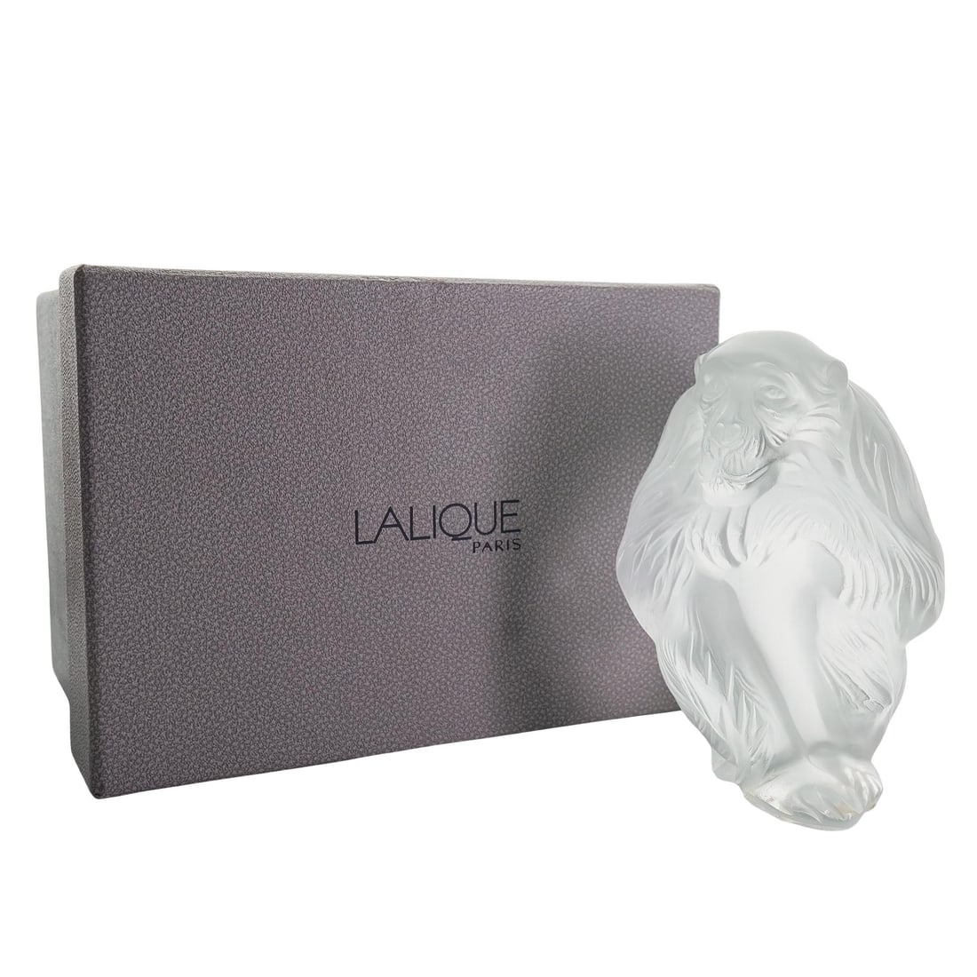 Lalique Crystal "Chita" Chimpanzee Figurine: DESCRIPTION: Modelled as a seated chimpanzee. Clear crystal body with satin finish; great cut crystal detailing. Etched signature underside "Lalique France" Includes original box CIRCA: 20th Century O