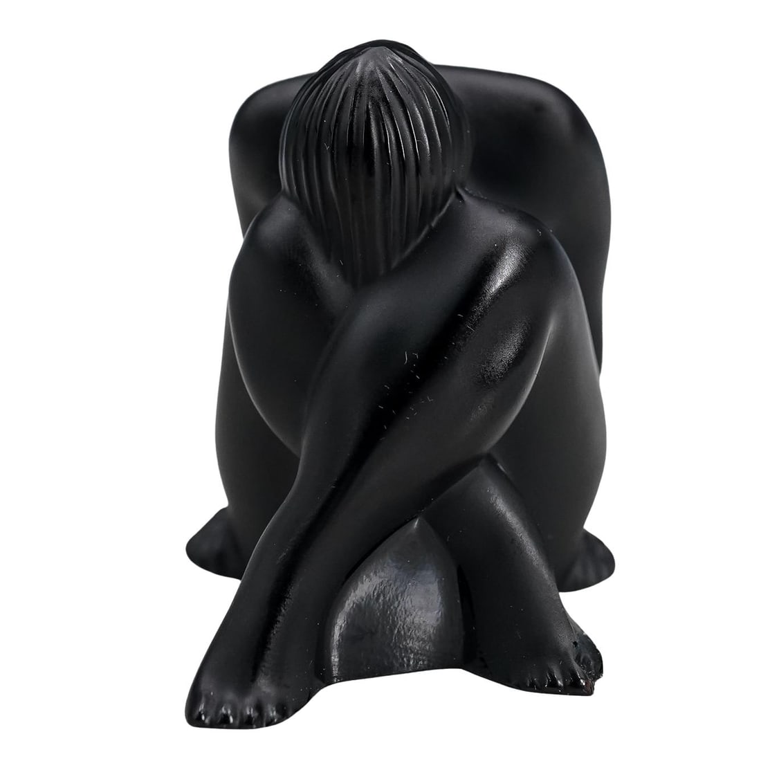 Lalique Crystal 'Nu Assis' Figurine: DESCRIPTION: Lalique Crystal 'Nu Assis' Figurine. Depicts a seated nude figure in black satin finish crystal, sculpted originally by Marie-Claude Lalique, Rene Lalique's granddaughter. It represents a