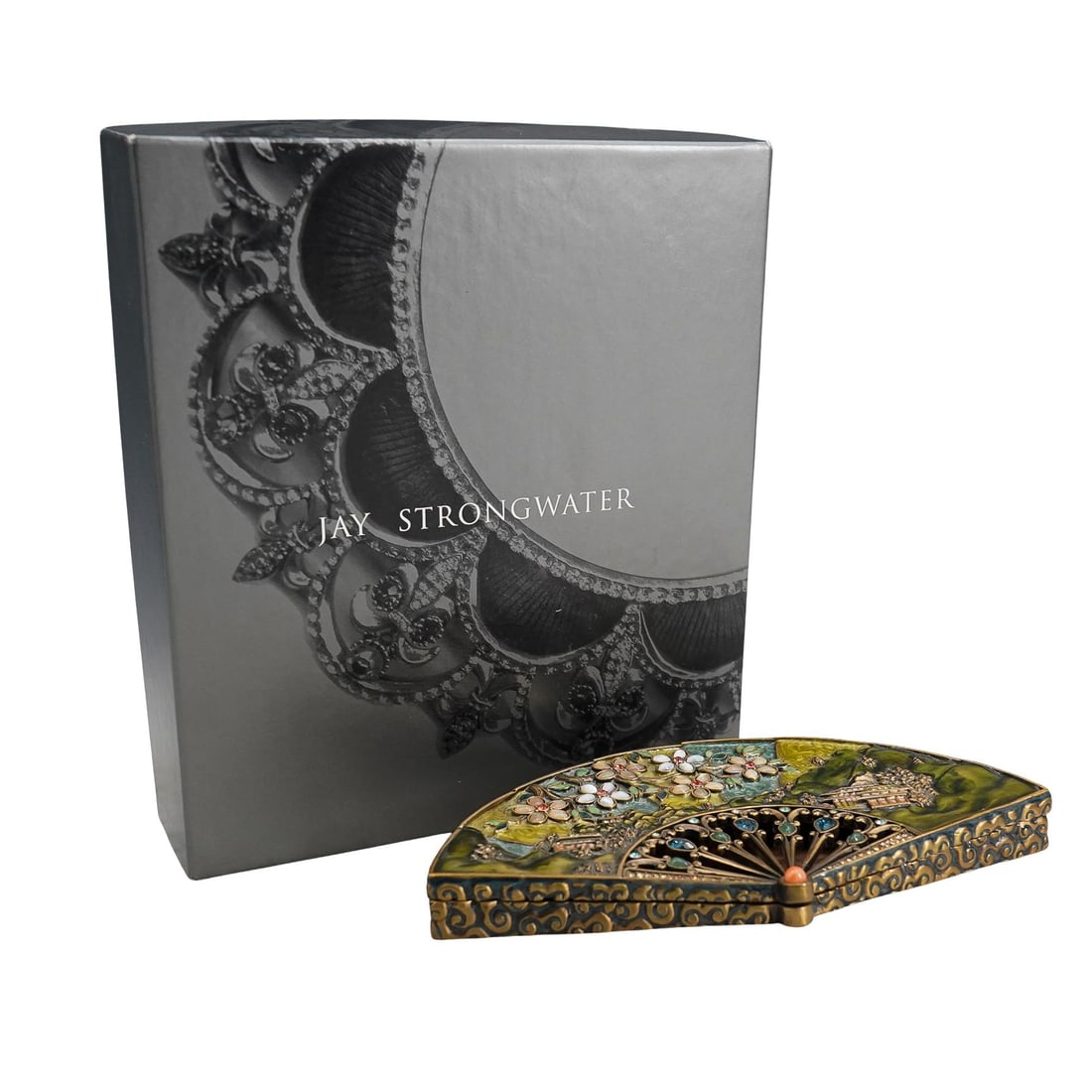 Jay Strongwater Enameled Hand Fan Shaped Trinket Box: DESCRIPTION: Jay Strongwater enameled hand fan shaped trinket box embellished with flowering flowers above a landscape scene, further embellished with enamels and Swarovski crystals. Signed and in ori