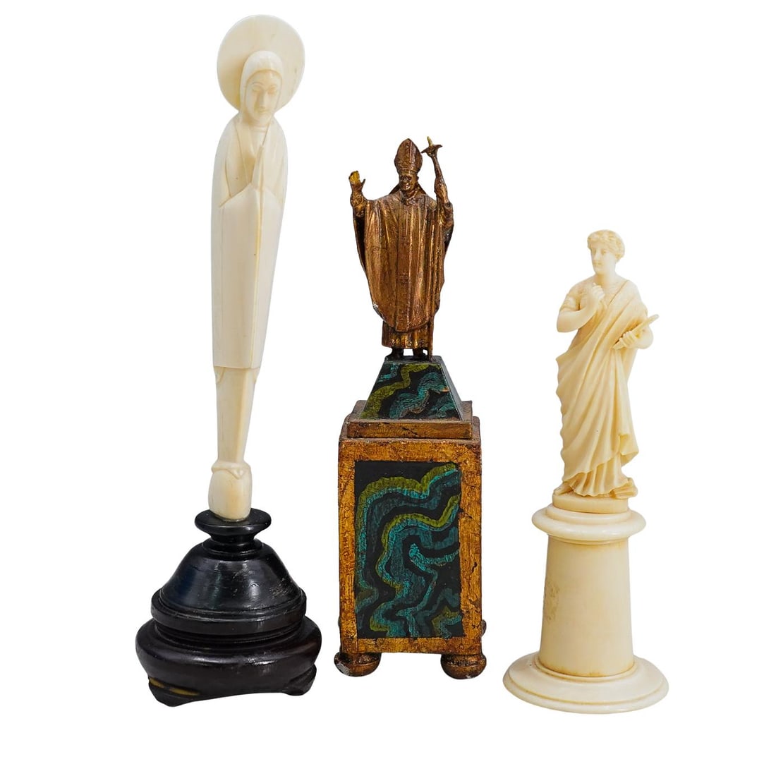 (3 Pc) Antique Carved Wood And Bone Catholic And Neo Classical Figurines: DESCRIPTION: Three antique carved wood effigies: one depicting a Catholic clergyman wearing traditional vestments while raising his right hand and bearing a crucifix in his left hand; one depicting a 