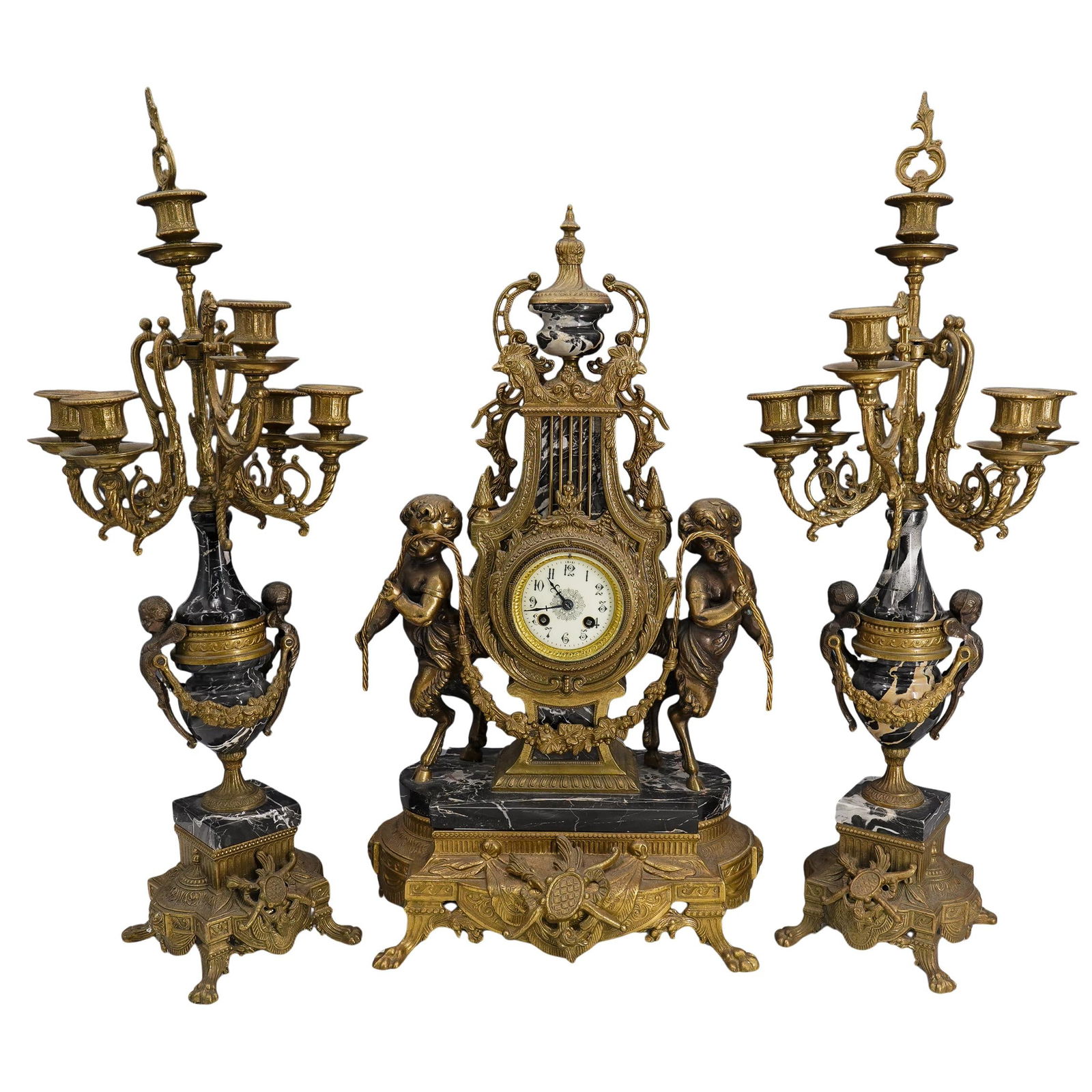 (3 Pc) Antique Louis XVI Style Clock & Candelabra Garniture Set (1 of 14)