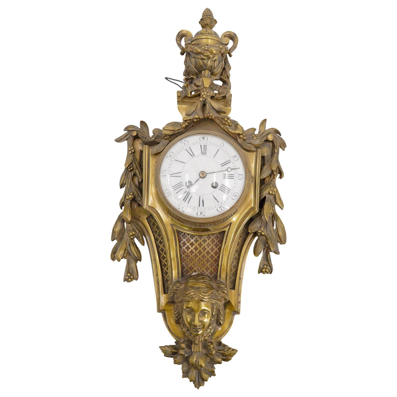 Antique French Gilt Bronze Wall Cartel Clock: DESCRIPTION: Antique French gilt bronze large wall cartel clock, with white dial, black roman numerals, steel hands, and shaped ormolu case surmounted by an urn and acorn finial, and foliate garlands