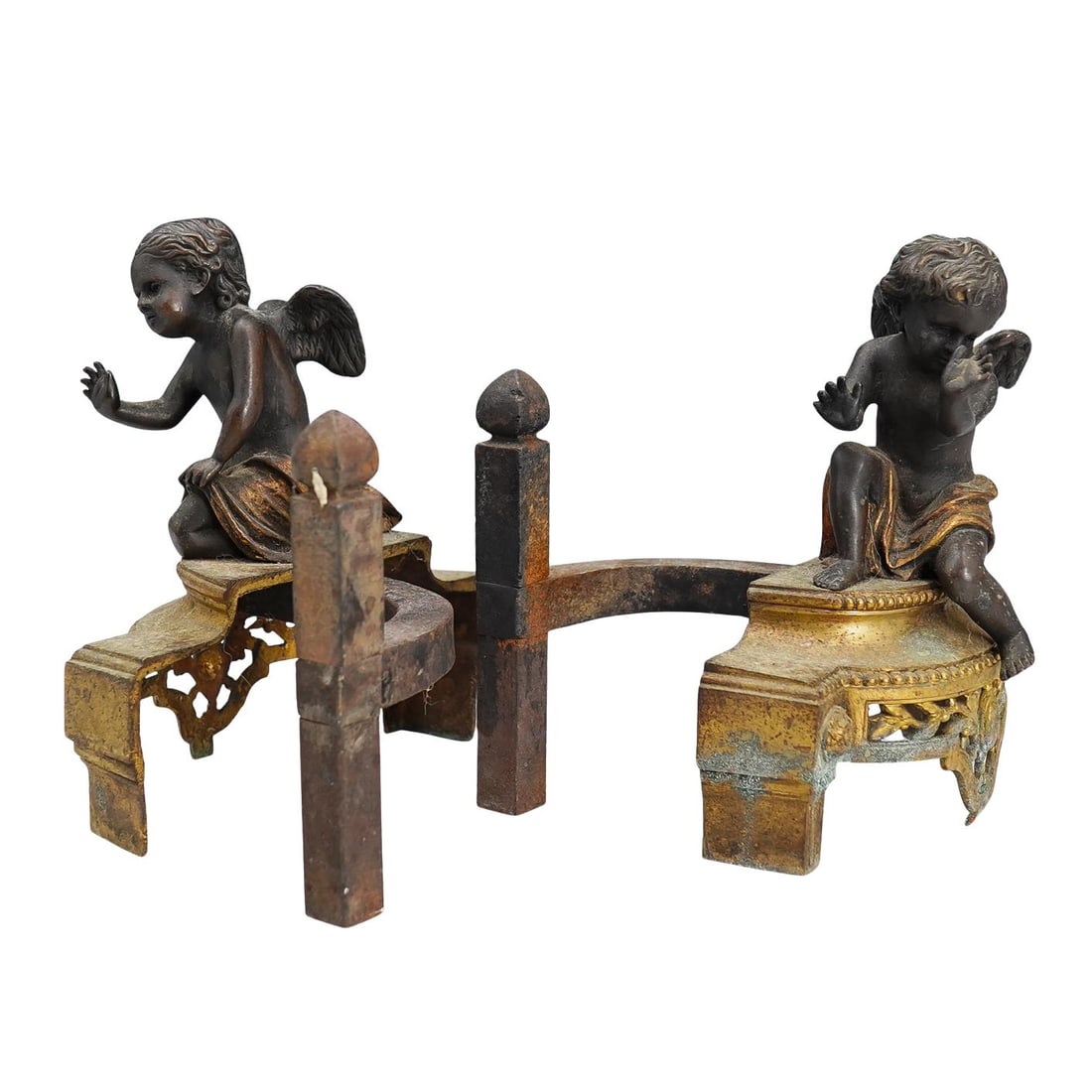 (2 Pc) French Bronze Putti Cherub Fireplace Andirons (1 of 7)