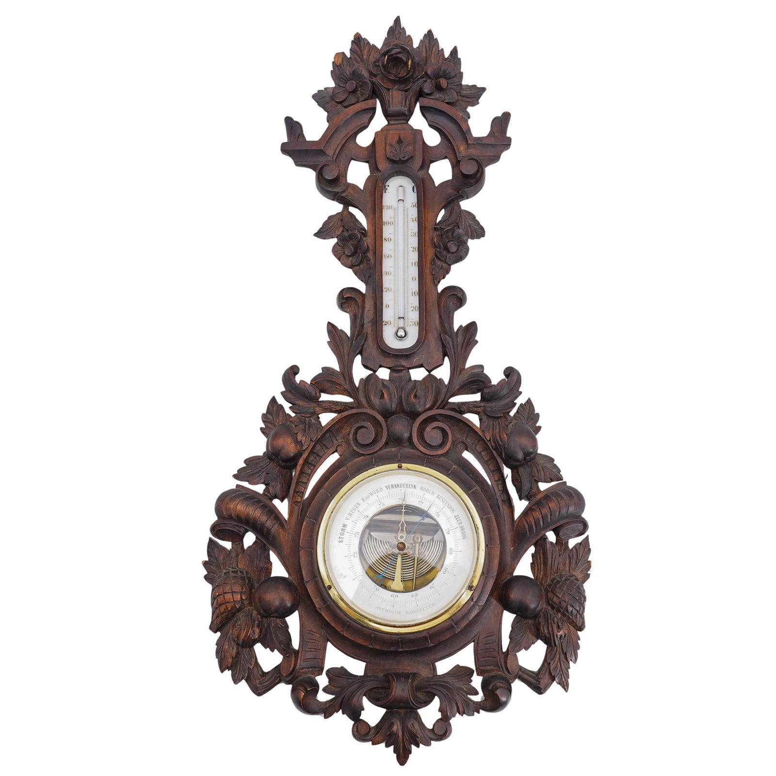 Antique Varanderlyk & Black Forest Carved Aneroid Barometer & Thermometer (1 of 8)