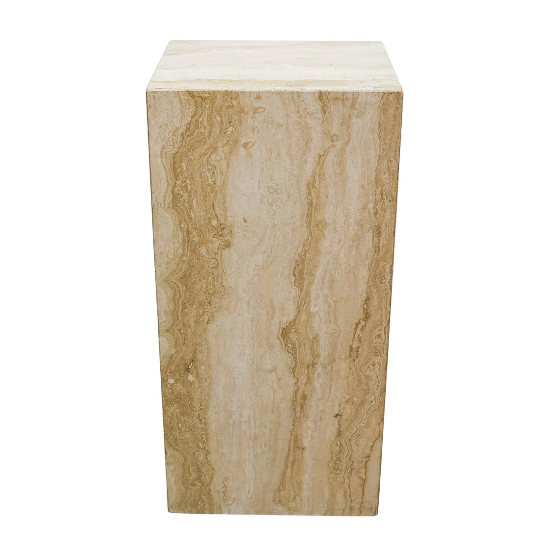 Travertine Pedestal: DESCRIPTION: Polished travertine stone pedestal of cuboid form. CIRCA: Late 20th - early 21st century ORIGIN: - DIMENSIONS: H: 35.75" W: 13" L: 17" CONDITION: Some filler material present. Unless othe