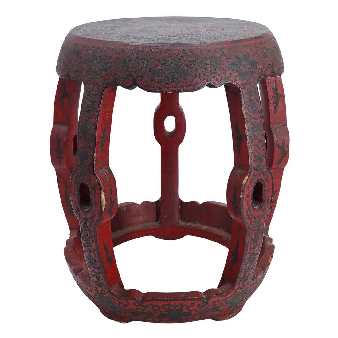 Antique Chinese Red And Black Lacquered Carved Wood Drum Stool (1 of 8)